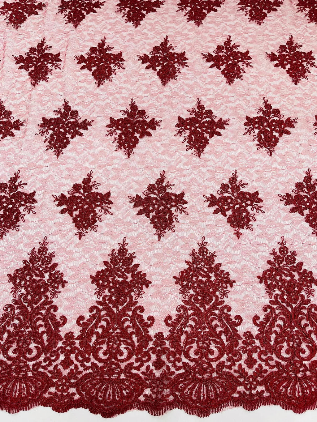 Damask Border Corded Lace - Burgundy - Floral Cluster Design Damask Border on Lace Fabric Yard