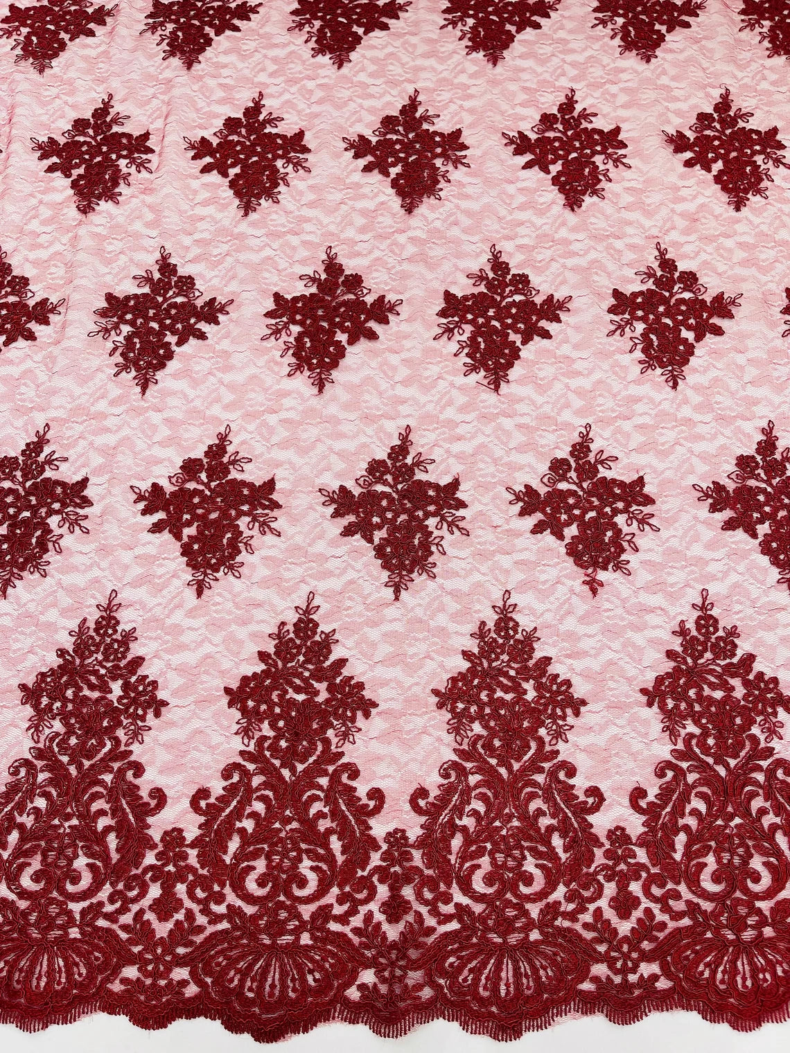 Damask Border Corded Lace - Burgundy - Floral Cluster Design Damask Border on Lace Fabric Yard