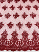 Damask Border Corded Lace - Burgundy - Floral Cluster Design Damask Border on Lace Fabric Yard