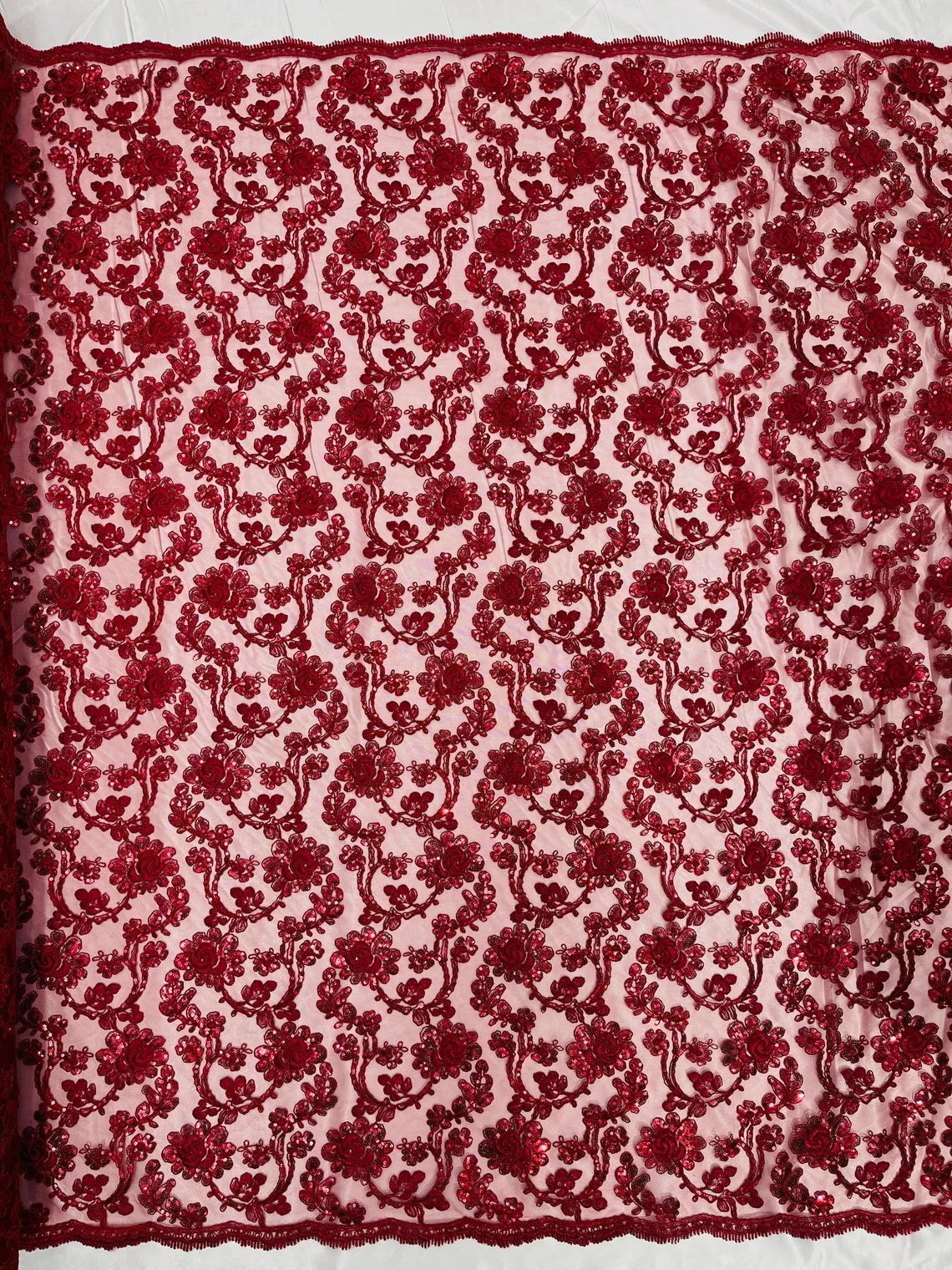 Corded Sequins Flower Lace - Burgundy - Corded Floral Lace With Sequins Sold By Yard