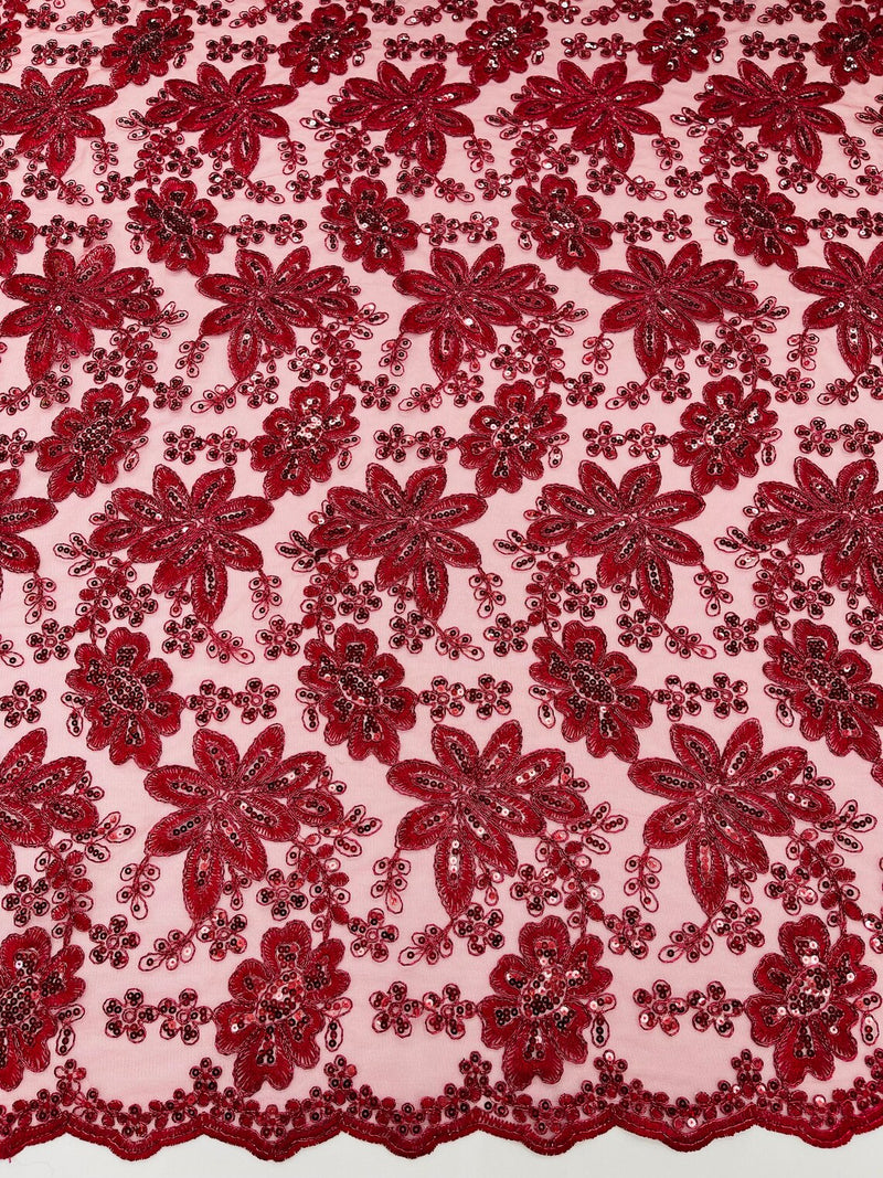 Corded Lace Floral Fabric - Burgundy - Hologram Sequins Metallic Thread Floral Fabric by Yard