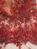 Floral Leaf Beaded Fabric - Burgundy - Embroidered Flower Leaf Design Beaded Fabric By Yard