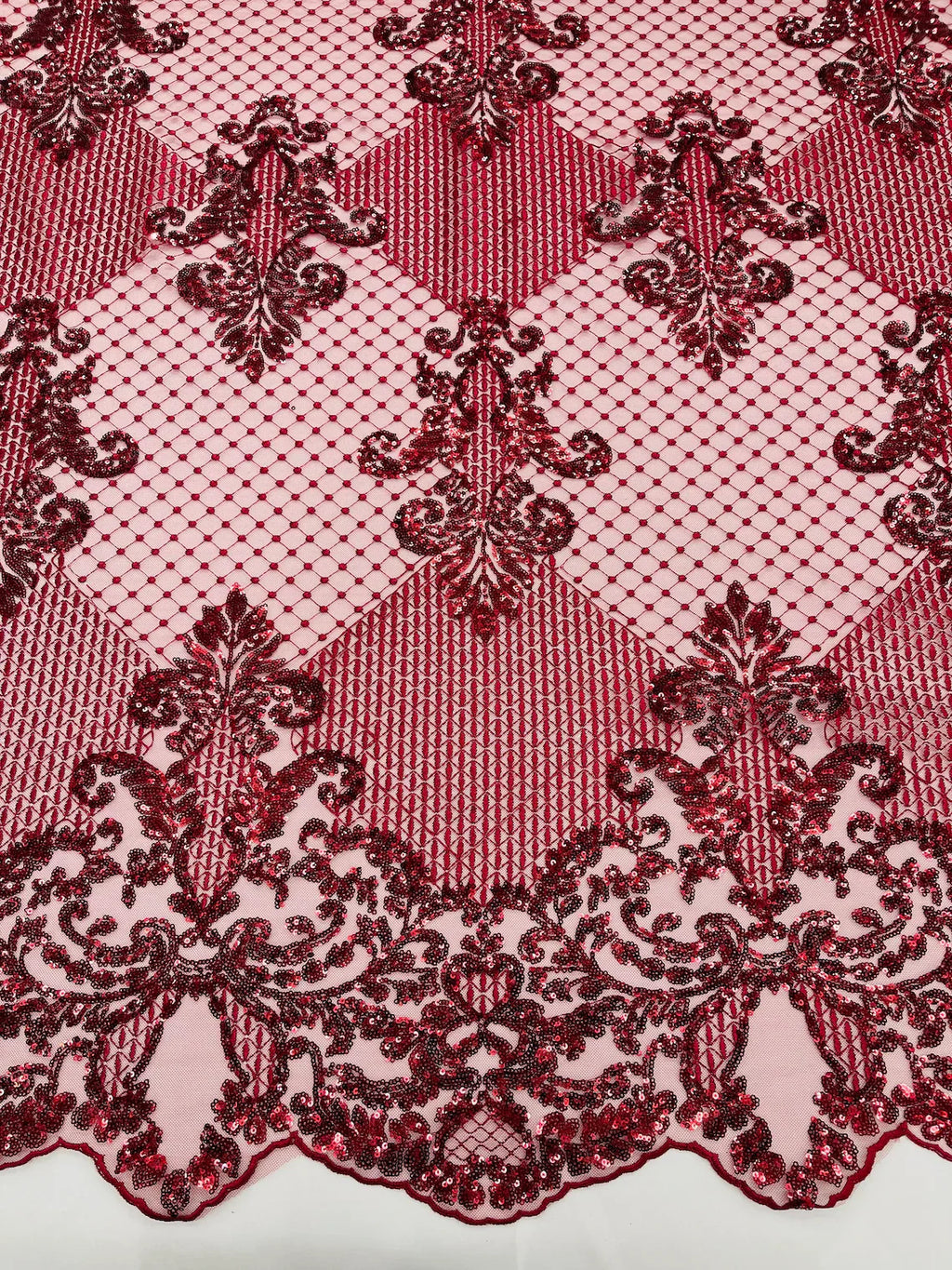 King Damask Design Fabric - Burgundy - Embroidered Corded Mesh Lace Fabric with Sequins By Yard