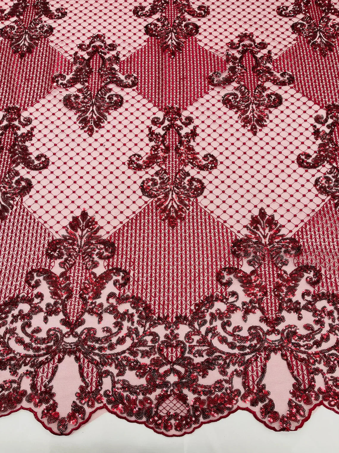 King Damask Design Fabric - Burgundy - Embroidered Corded Mesh Lace Fabric with Sequins By Yard
