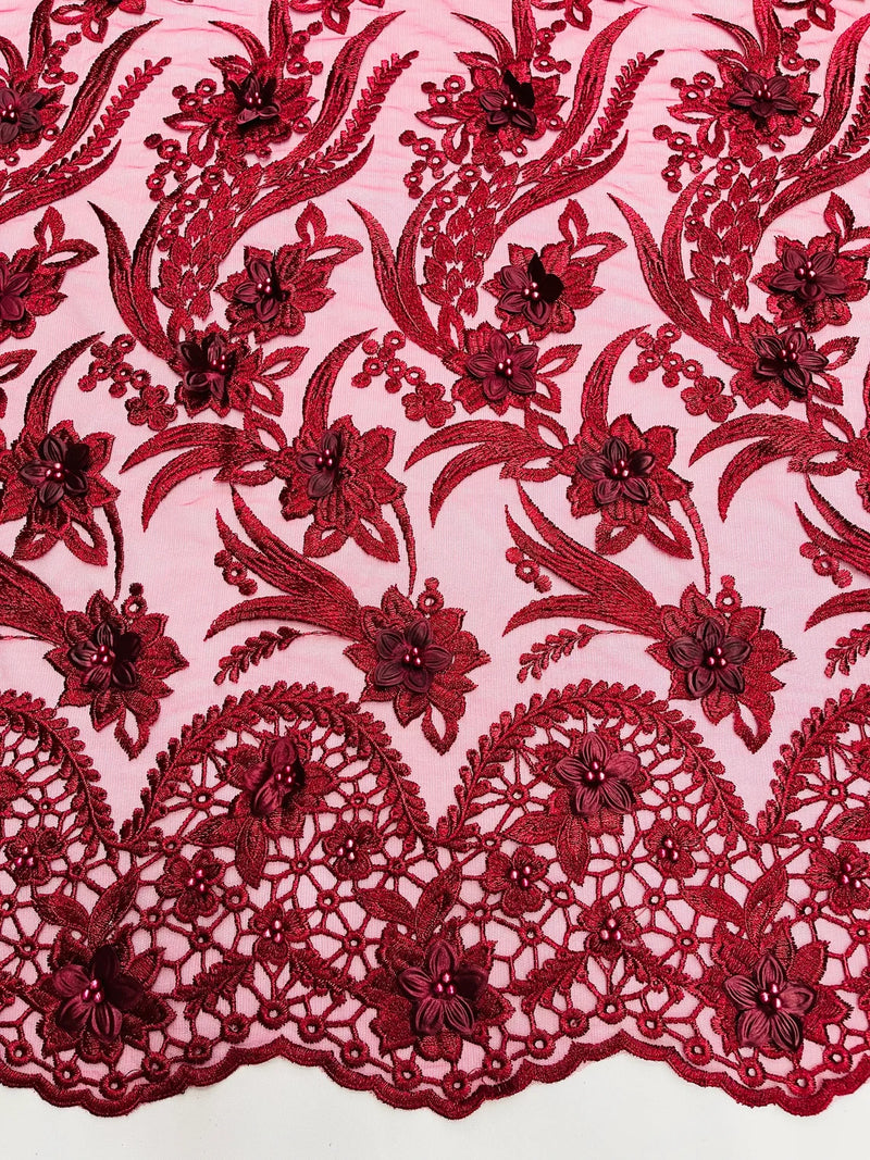 3D Floral Leaf Panels - Burgundy - Embroidered 3D Flower Lines with Pearls on Lace By Yard