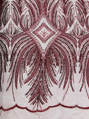 Beaded Lines Fabric - Burgundy - Luxury Beads and Sequins Line Design Fabric By Yard