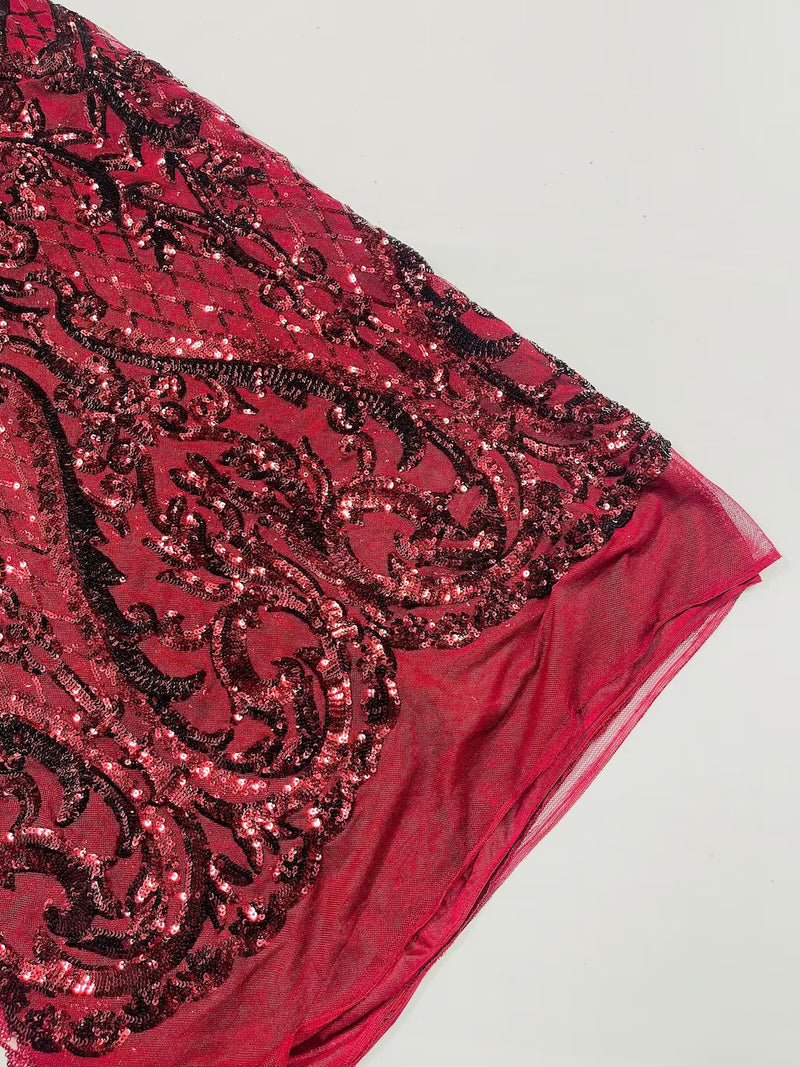 Heart Damask Sequins - Burgundy - 4 Way Stretch Elegant Shiny Sequins Fabric By Yard