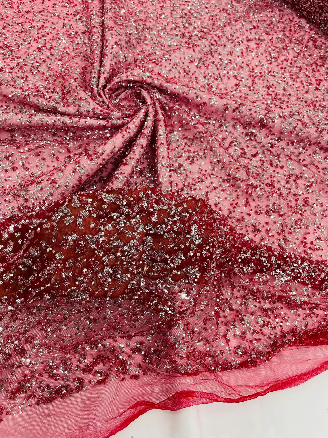 Beads and Sequins Lace - Burgundy / Silver - Embroidered Beads and Sequins on Lace Mesh Fabric By Yard