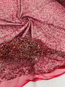 Beads and Sequins Lace - Burgundy / Silver - Embroidered Beads and Sequins on Lace Mesh Fabric By Yard