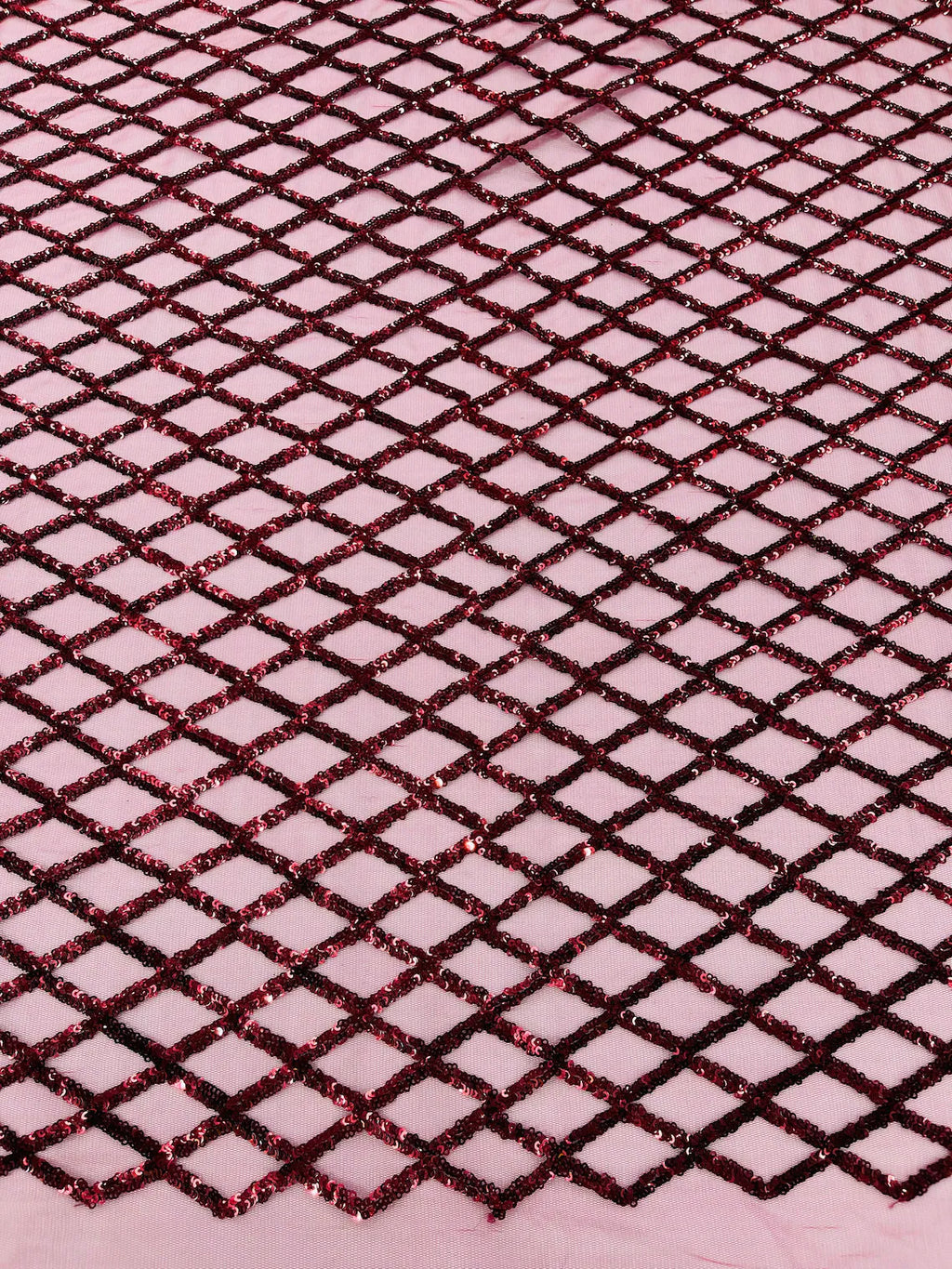 Diamond Sequins Fabric - Burgundy - Diamond Geometric Net Design on Mesh Lace Fabric By Yard
