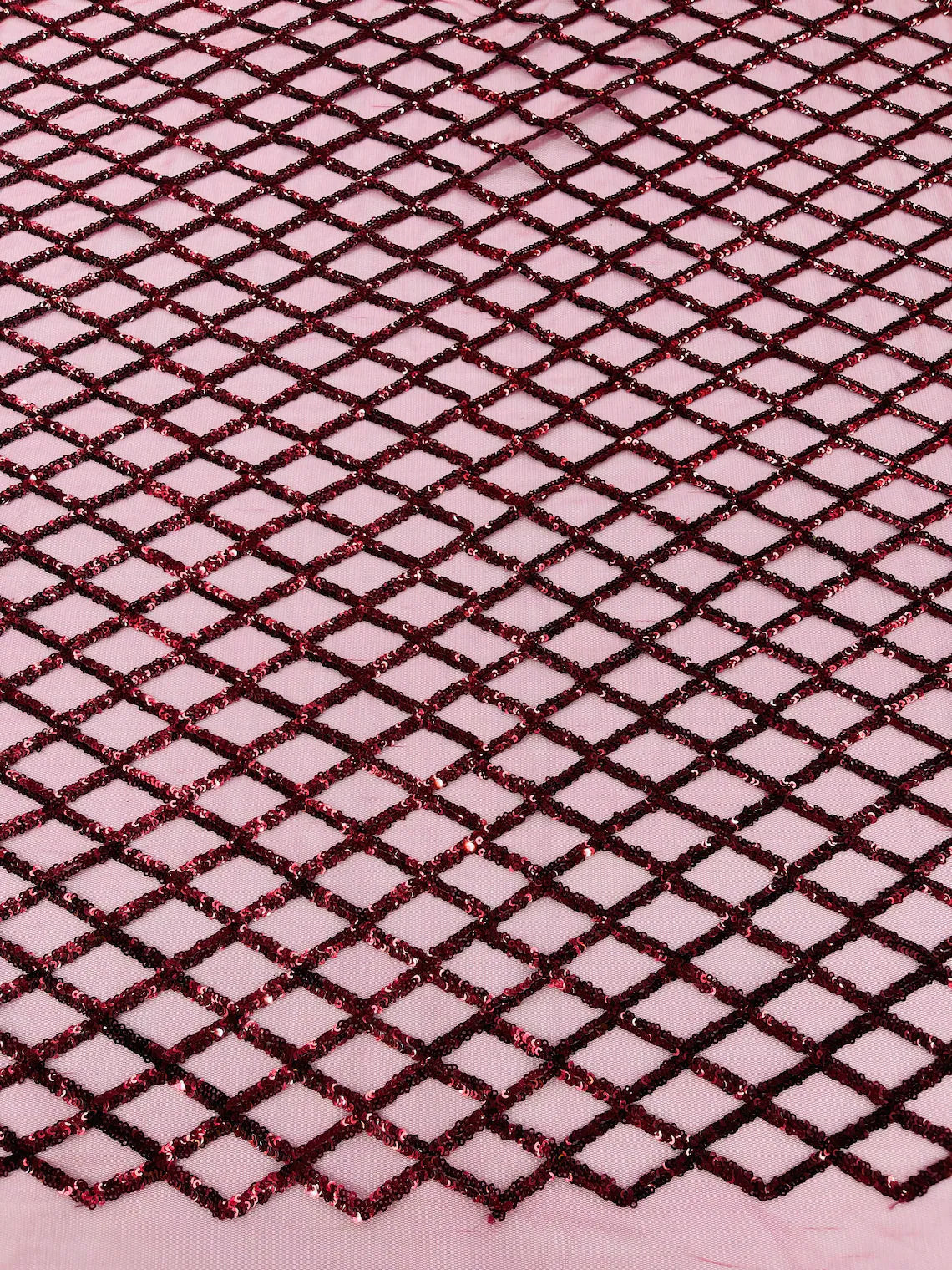 Diamond Sequins Fabric - Burgundy - Diamond Geometric Net Design on Mesh Lace Fabric By Yard