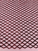 Diamond Sequins Fabric - Burgundy - Diamond Geometric Net Design on Mesh Lace Fabric By Yard