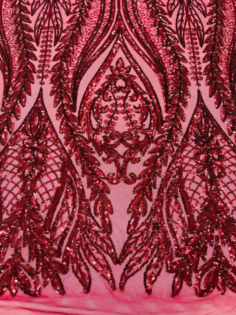 Mermaid Design Sequins Fabric - Burgundy - Sequins Fabric 4 Way Stretch on Mesh By Yard