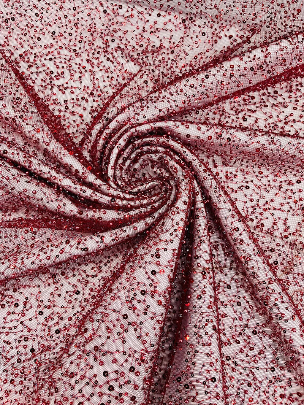 3D Beaded Mesh Fabric - Burgundy - Embroidered Beaded Lace Mesh Fabric with Small Sequins Sold By Yard