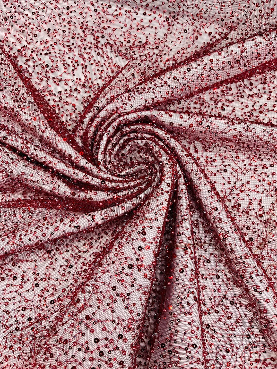 3D Beaded Mesh Fabric - Burgundy - Embroidered Beaded Lace Mesh Fabric with Small Sequins Sold By Yard