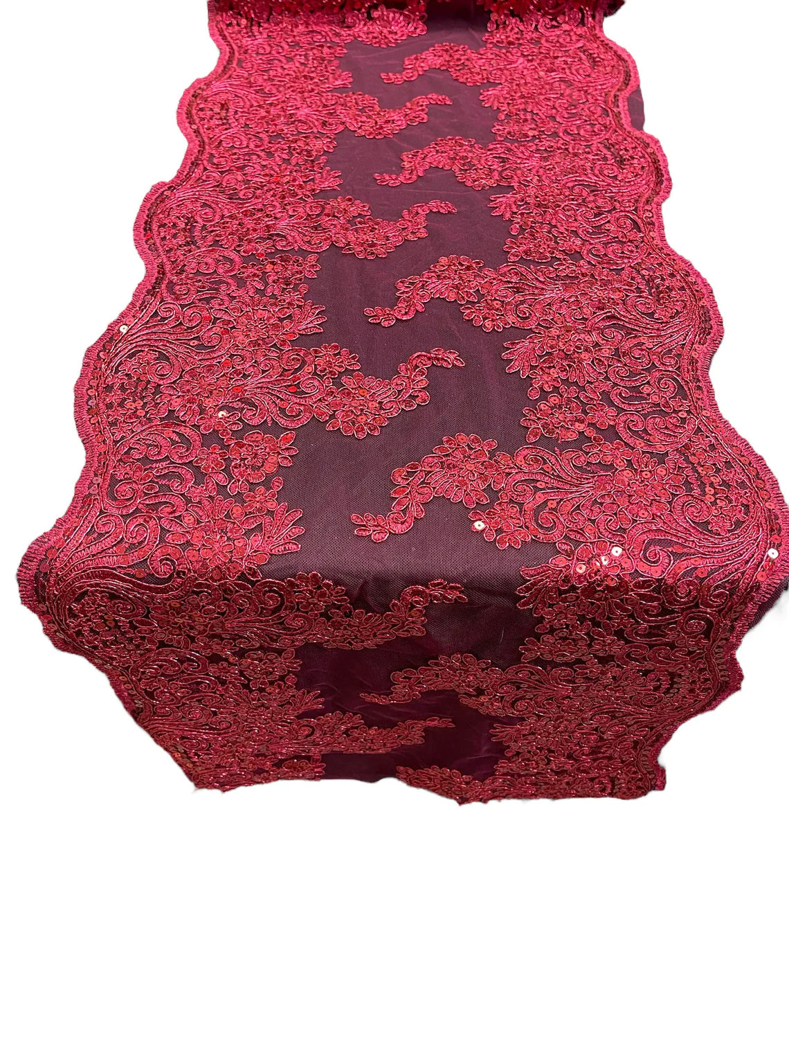 14" Metallic Floral Design Lace Table Runner - Burgundy - Event Table Decor Runner Sold By Yard
