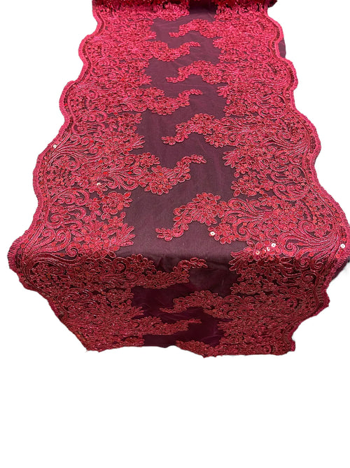 14" Metallic Floral Design Lace Table Runner - Burgundy - Event Table Decor Runner Sold By Yard