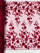 3D Floral Pearl Fabric - Burgundy - Embroidered Floral Pearl Fabric Double Border On Mesh By Yard