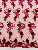 3D Flower Cluster Fabric - Burgundy - 3D Flower Leaf Design Fabric with Pearls Sold By Yard