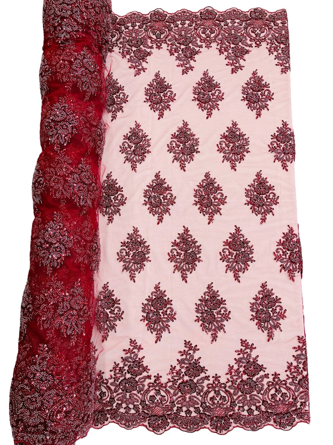 Heavy Beaded Floral Fabric - Burgundy - Luxury Heavy Duty Bead Bridal Floral Cluster Lace Fabric by the yard
