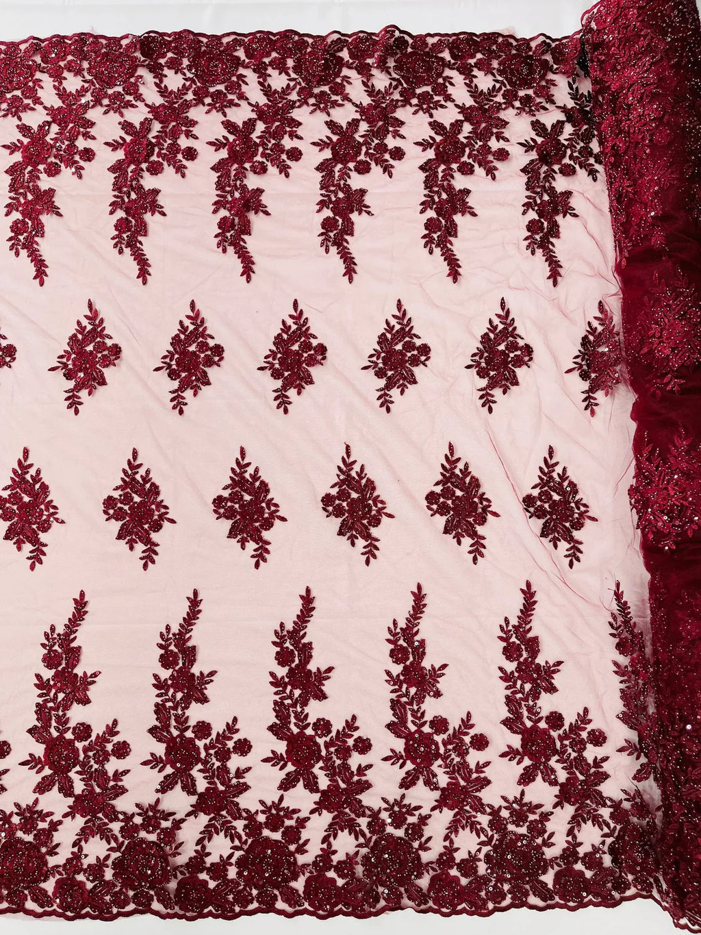 Beaded Rose Flower Fabric - Burgundy - Embroidered Beaded Long Border Floral Fabric By Yard