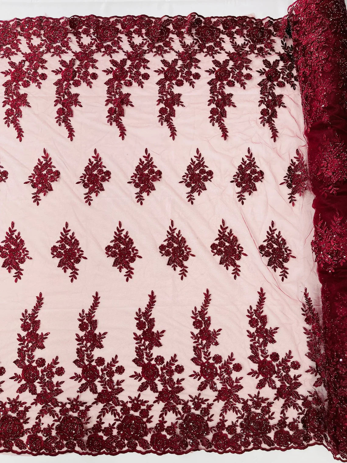Beaded Rose Flower Fabric - Burgundy - Embroidered Beaded Long Border Floral Fabric By Yard