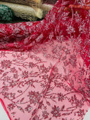 Floral Silver Beaded Fabric - Burgundy - Flower Design with Silver Beads and Sequins on Lace by Yard