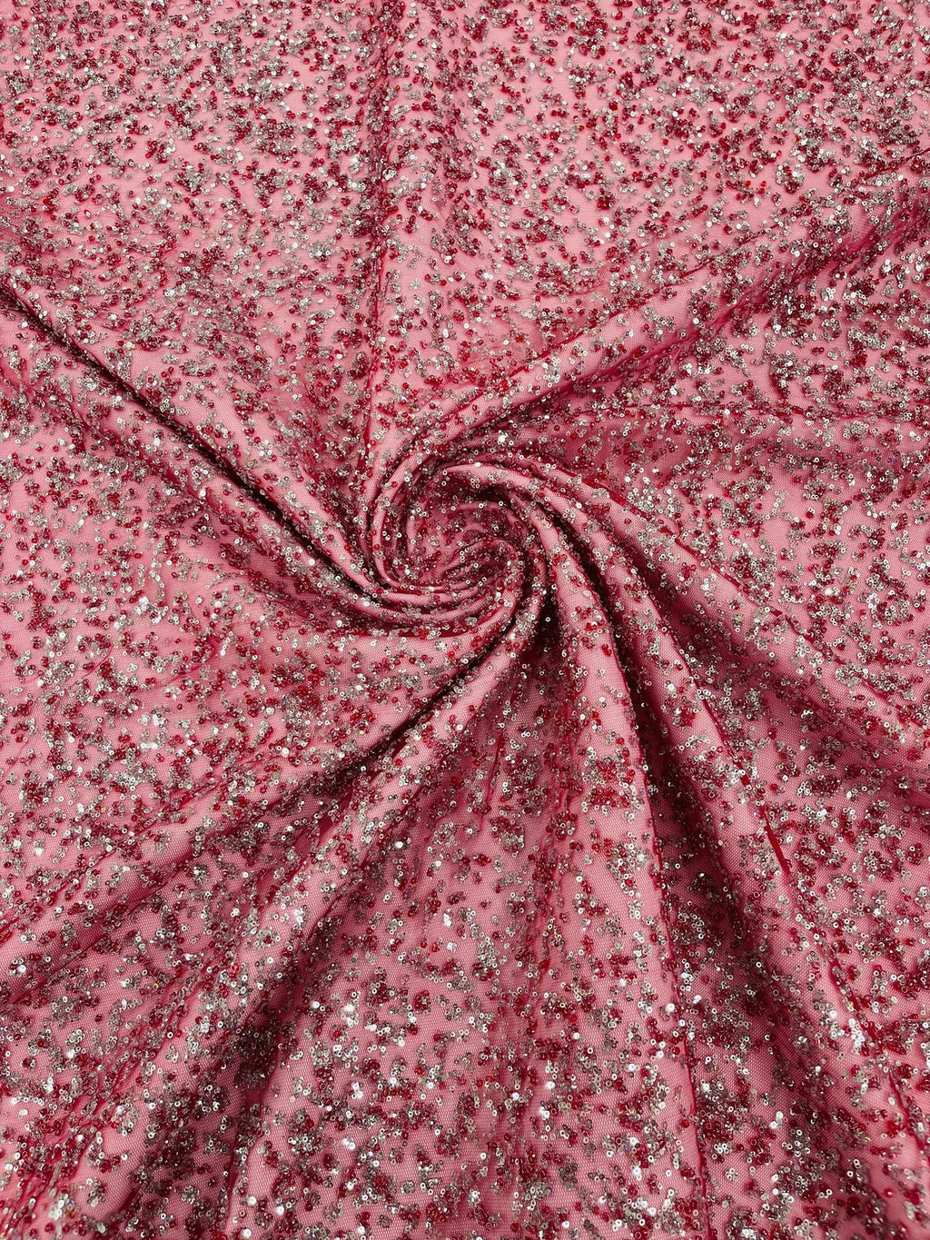 Beads and Sequins Lace - Burgundy / Silver - Embroidered Beads and Sequins on Lace Mesh Fabric By Yard