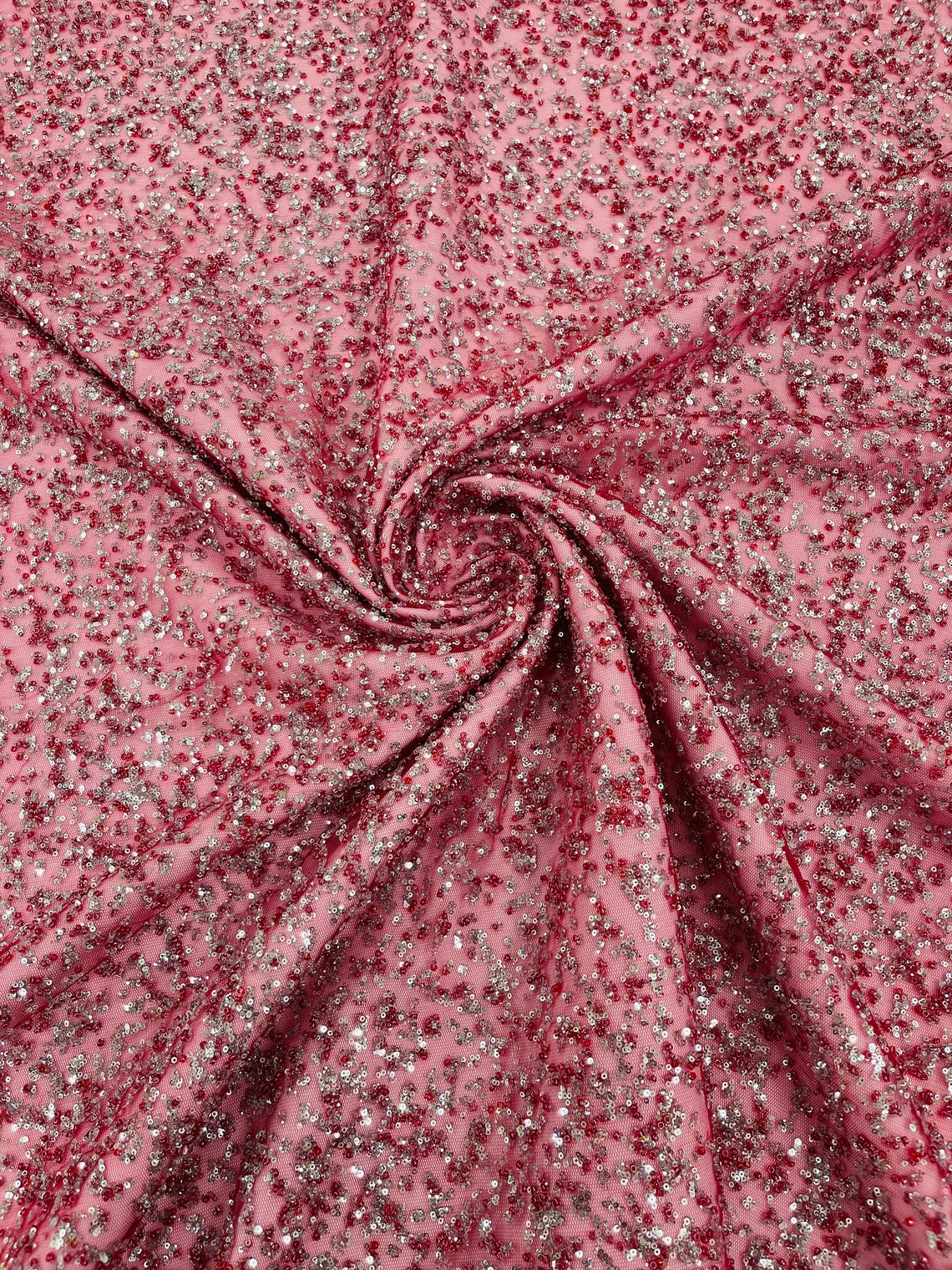 Beads and Sequins Lace - Burgundy / Silver - Embroidered Beads and Sequins on Lace Mesh Fabric By Yard