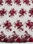3D Flower Sequins Design - Burgundy - Embroidered Pearl Sequins Floral Clusters Lace Fabric By Yard