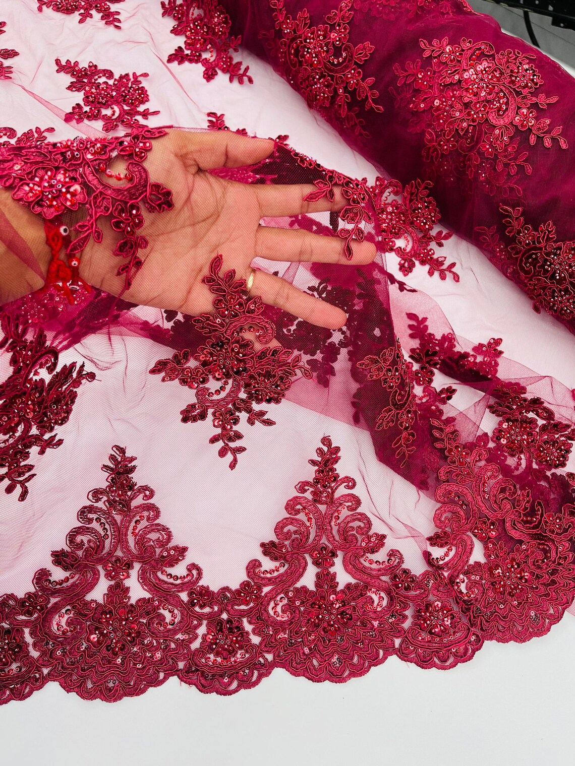 Beaded Floral Fabric - Burgundy - Floral Cluster Design Fabric with Damask Border by Yard