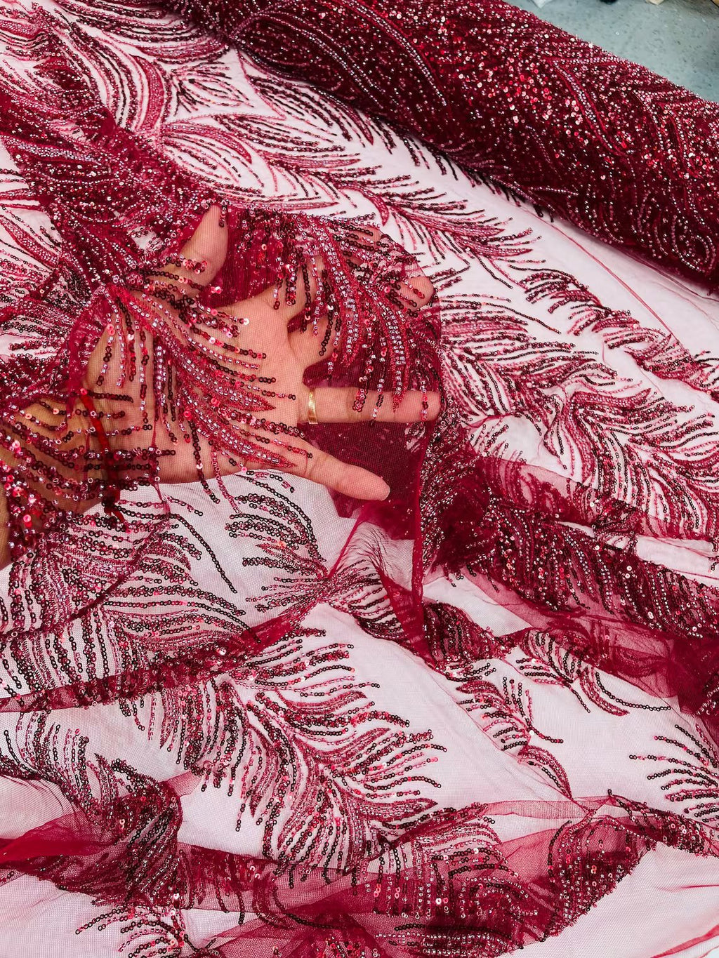 Beaded Lines Fabric - Burgundy - Luxury Beads and Sequins Line Design Fabric By Yard