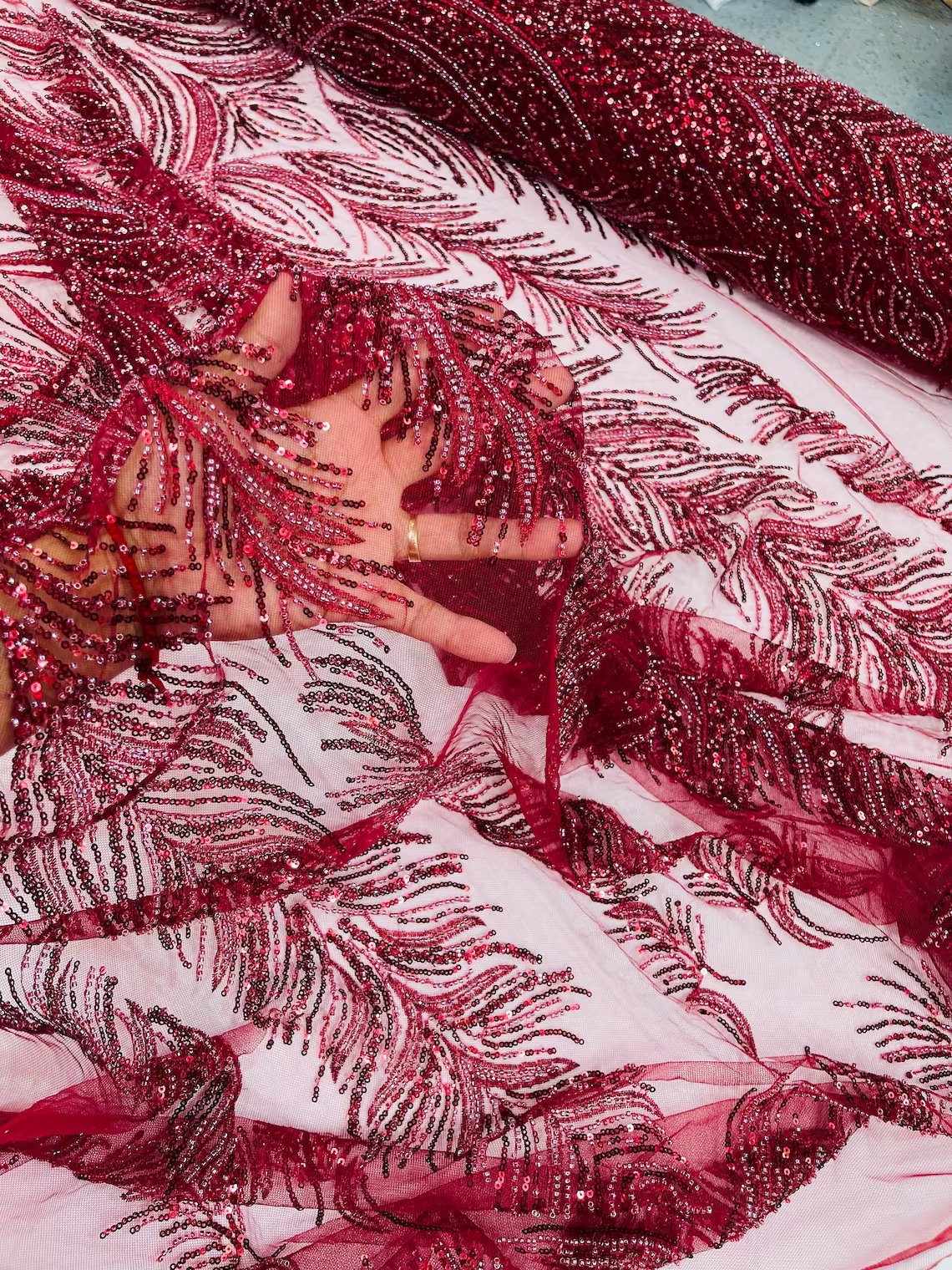 Beaded Lines Fabric - Burgundy - Luxury Beads and Sequins Line Design Fabric By Yard