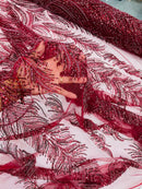 Beaded Lines Fabric - Burgundy - Luxury Beads and Sequins Line Design Fabric By Yard