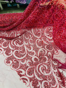 Beaded Swirl Design Fabric - Burgundy - Swirl Design with Beads and Sequins on Lace by Yard