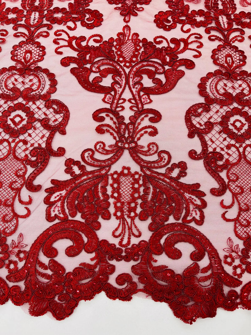 King Lace Pattern Fabric - Burgundy - Embroidered Sequins on Lace Mesh Fabric By Yard