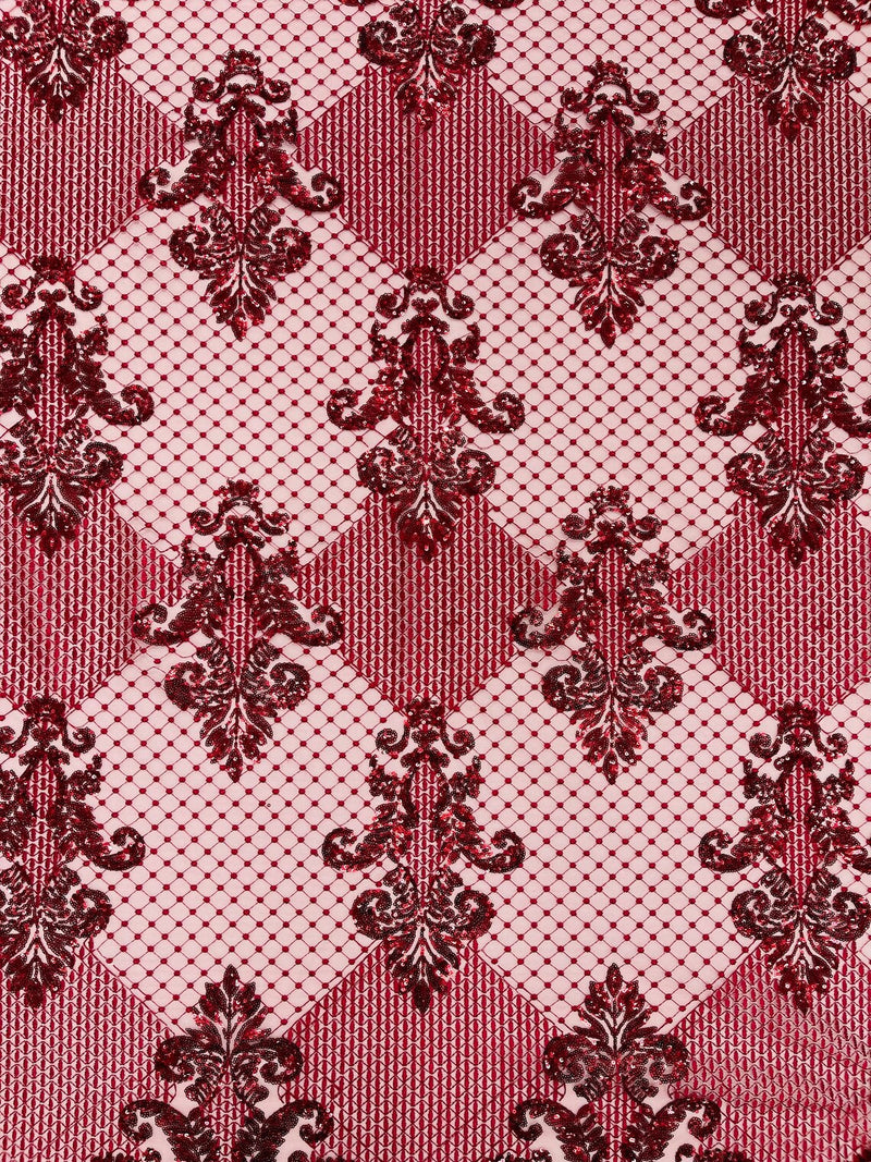 King Damask Design Fabric - Burgundy - Embroidered Corded Mesh Lace Fabric with Sequins By Yard