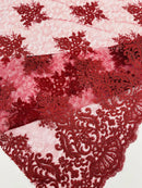 Damask Border Corded Lace - Burgundy - Floral Cluster Design Damask Border on Lace Fabric Yard