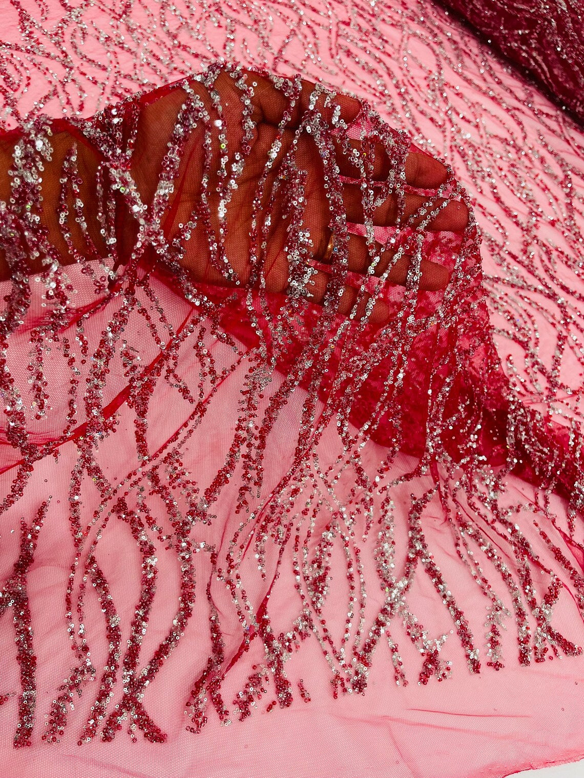 Glitter Wavy Bead Fabric - Burgundy - Sequins, Bead, Glitter Design on Lace Fabric By Yard