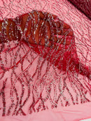 Glitter Wavy Bead Fabric - Burgundy - Sequins, Bead, Glitter Design on Lace Fabric By Yard