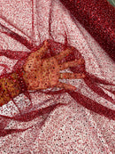 3D Beaded Mesh Fabric - Burgundy - Embroidered Beaded Lace Mesh Fabric with Small Sequins Sold By Yard