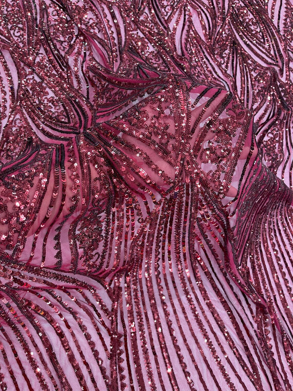 Curvy Line Design Fabric - Burgundy - 4 Way Stretch Sequins Design Mesh Lace Fabric by Yard