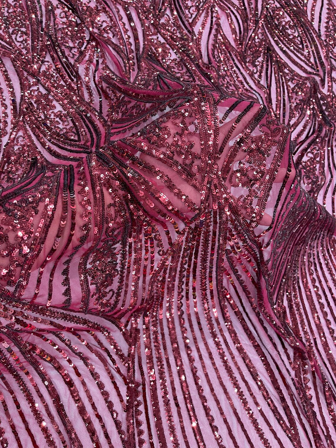 Curvy Line Design Fabric - Burgundy - 4 Way Stretch Sequins Design Mesh Lace Fabric by Yard