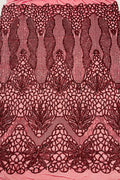 Elegant Floral Leaf Design - Burgundy - 4 Way Stretch Sequins Lace Spandex Fabric By Yard