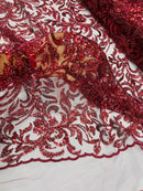 Beaded Flower Leaf Fabric - Burgundy - Shiny Beads and Sequins in Flower Design on Lace by Yard