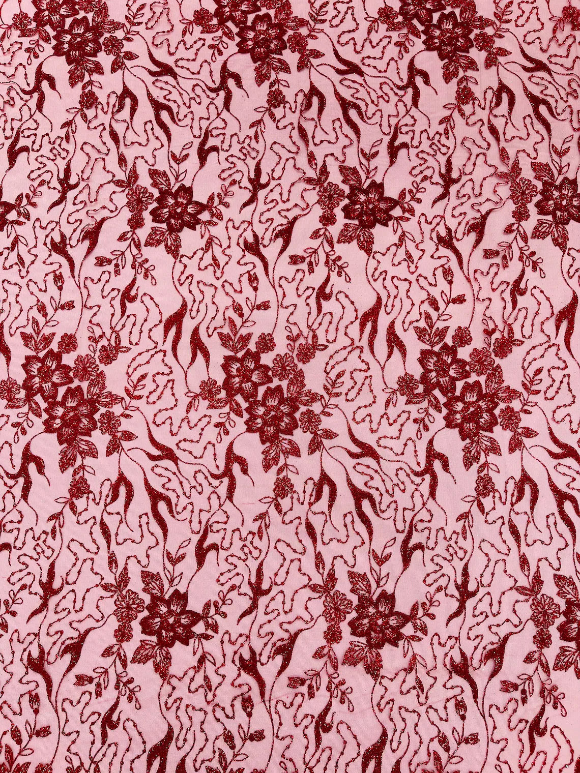 Flower Glitter Fabric - Burgundy - 3D Floral Tulle Fabric for Wedding, Quinceañera By Yard
