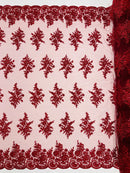 Floral Lace Flower Fabric - Burgundy - Floral Embroidered Fabric with Sequins on Lace By Yard