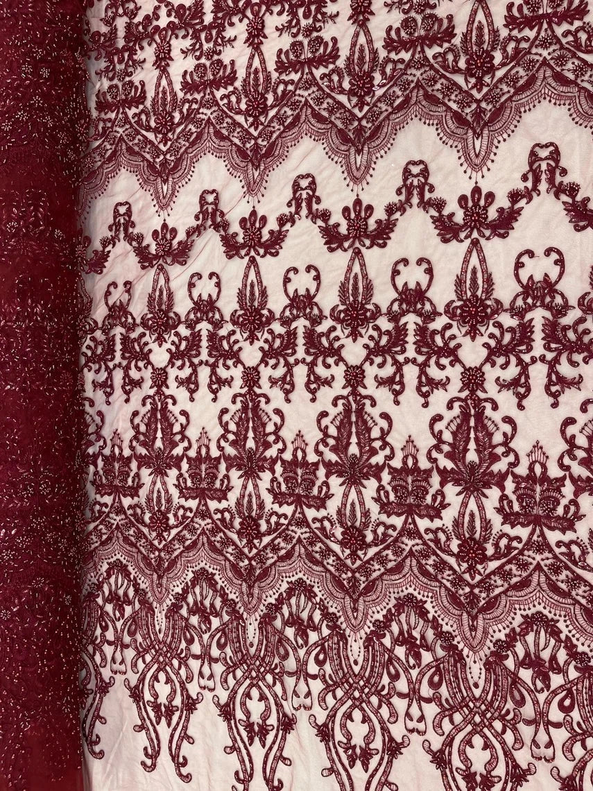 Damask Bead Fabric - Burgundy - Embroidered Glamorous Fabric with Round Beads Sold By Yard