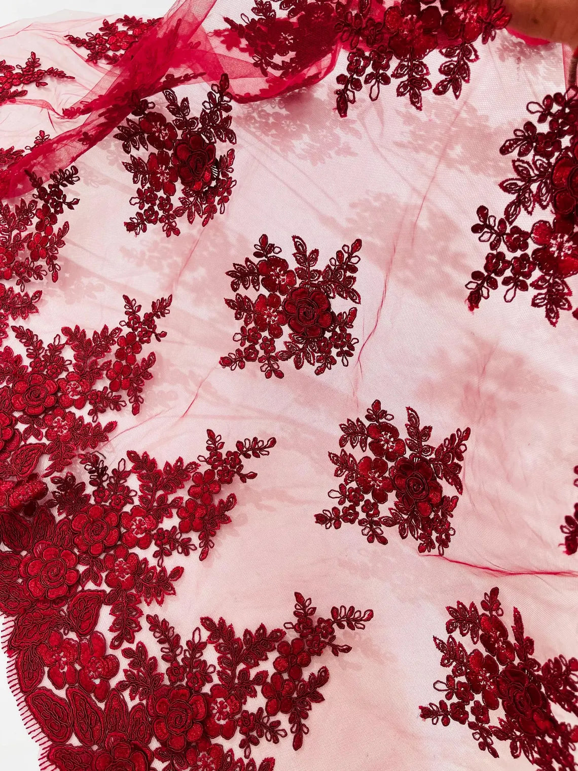 Corded Floral 3D Fabric - Burgundy - Embroidered Floral Design on Lace Mesh Fabric by Yard
