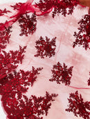 Corded Floral 3D Fabric - Burgundy - Embroidered Floral Design on Lace Mesh Fabric by Yard